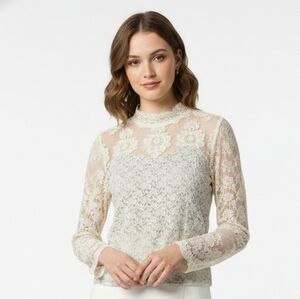 Panitti Blouse Cream Lace Sheer Fairy Boho Cropped Coquette Y2K M